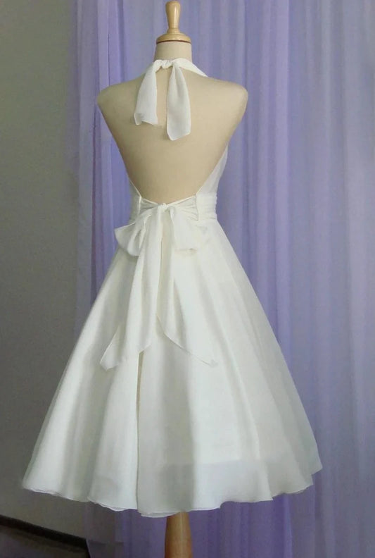 Wedding Dress Vintage Tea-Length Chiffon With Halter Neck and Bow