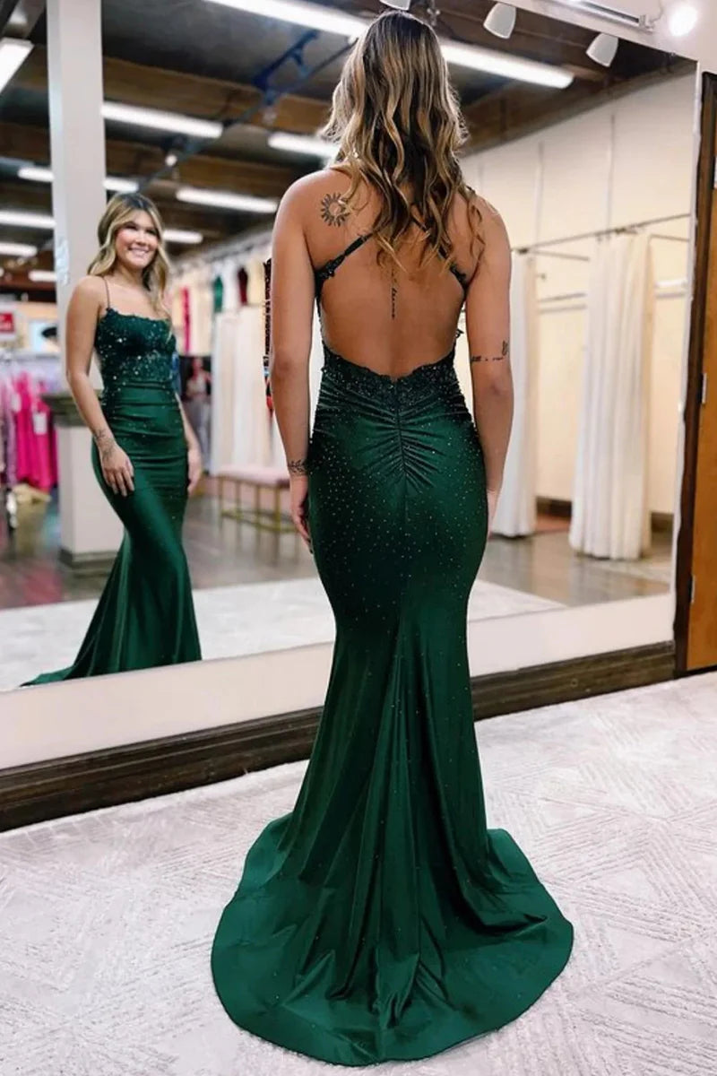 Prom Dress Mermaid Spaghetti Straps Dark Green Long with Appliques