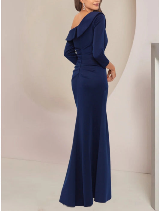 A-Line Mother of the Bride Dress Wedding Guest Party Elegant Off Shoulder Floor Length Stretch Fabric Long Sleeve with Ruffles Solid Color