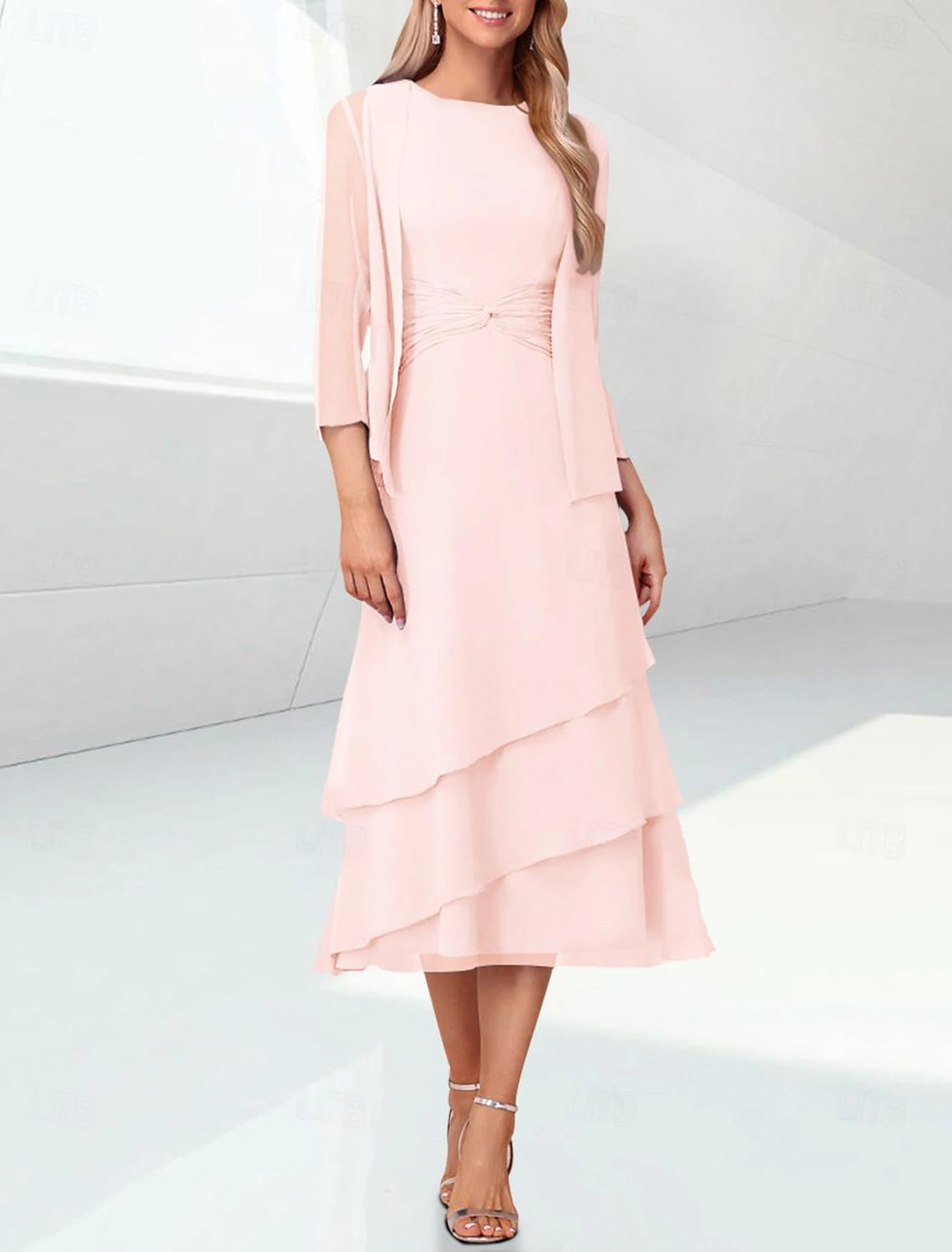 Elegant Wedding Guest Tea Tiered Chiffon 3/4 Length Sleeve Wrap Included with Mother of the Bride Dress