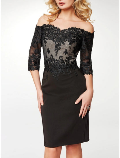 Sheath Black Dress Evening Gown Elegant Dress Formal Knee Length Half Sleeve Off Shoulder Lace with Appliques