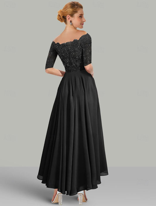 Mother of the Bride Dress Elegant High Low Off Shoulder Asymmetrical Chiffon Lace Half Sleeve with Lace Sash