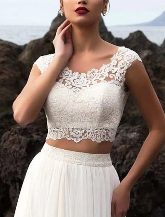 Hall Casual Wedding Dresses Separates Illusion Neck Cap Sleeve Separates Lace Bridal Tops Bridal Gowns With Appliques