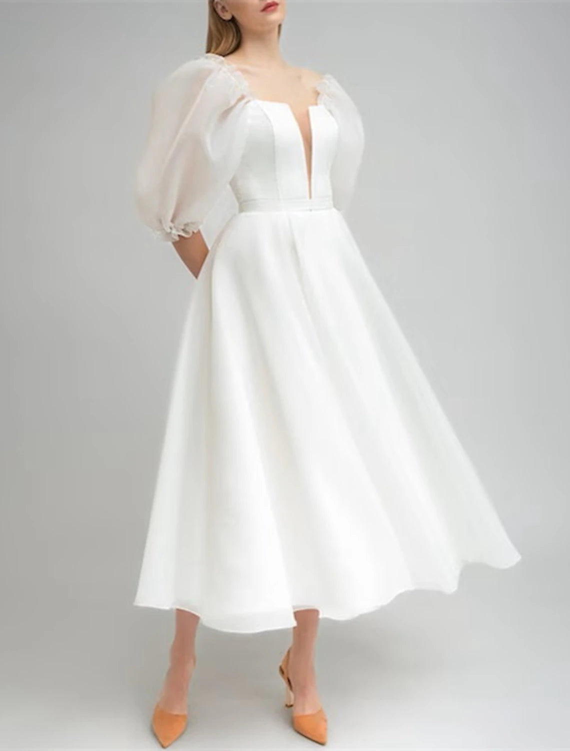 Bridal Shower Little White Dresses Wedding Dresses A-Line Off Shoulder Half Sleeve Tea Length Satin Bridal Gowns With Solid Color