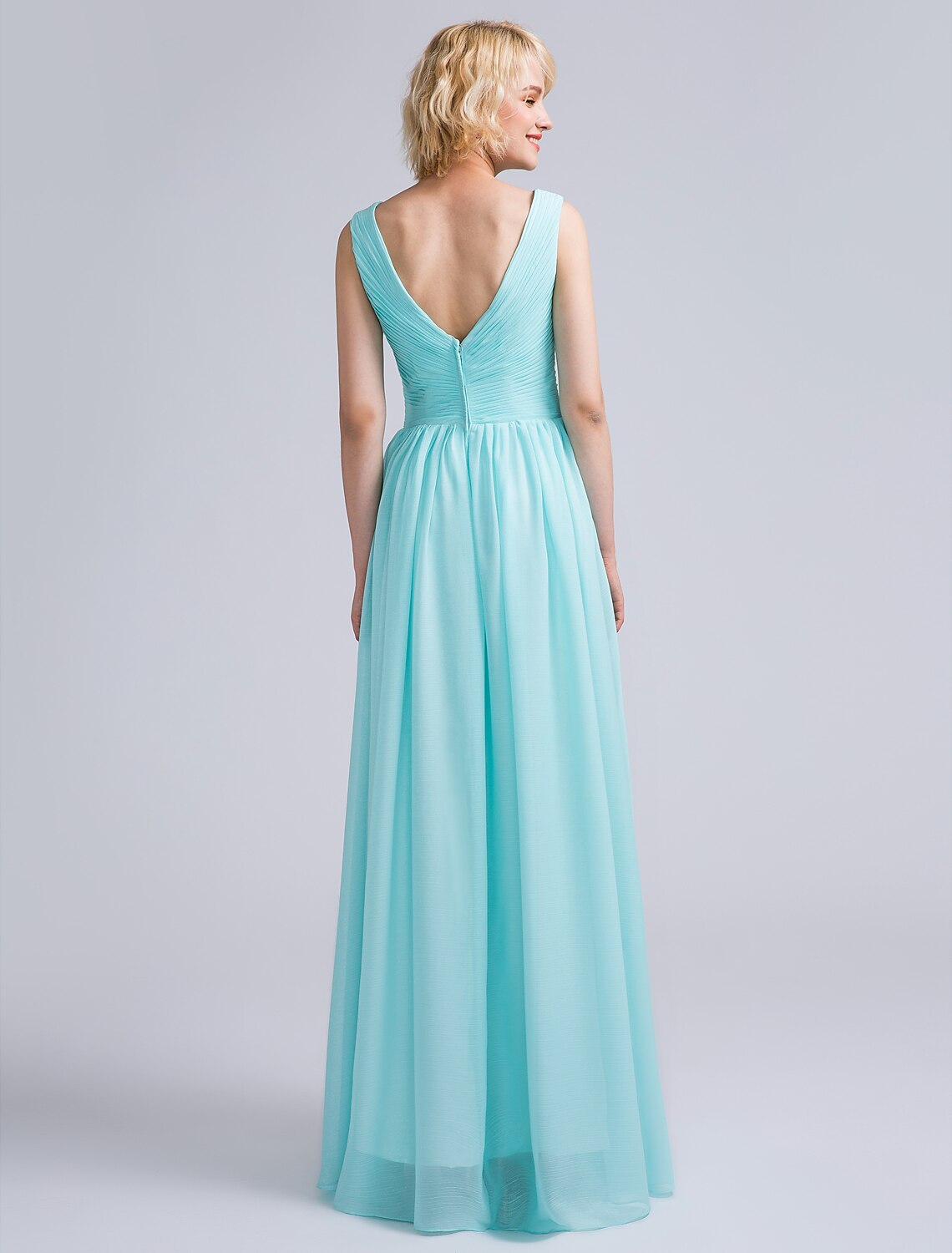 A-Line Bridesmaid Dress V Neck Sleeveless Open Back Floor Length Chiffon with Criss Cross