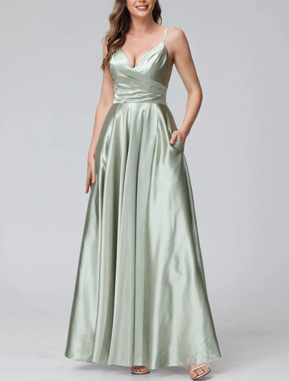 A-Line Bridesmaid Dress Spaghetti Strap Sleeveless Elegant Floor Length Satin with Split Front / Ruching