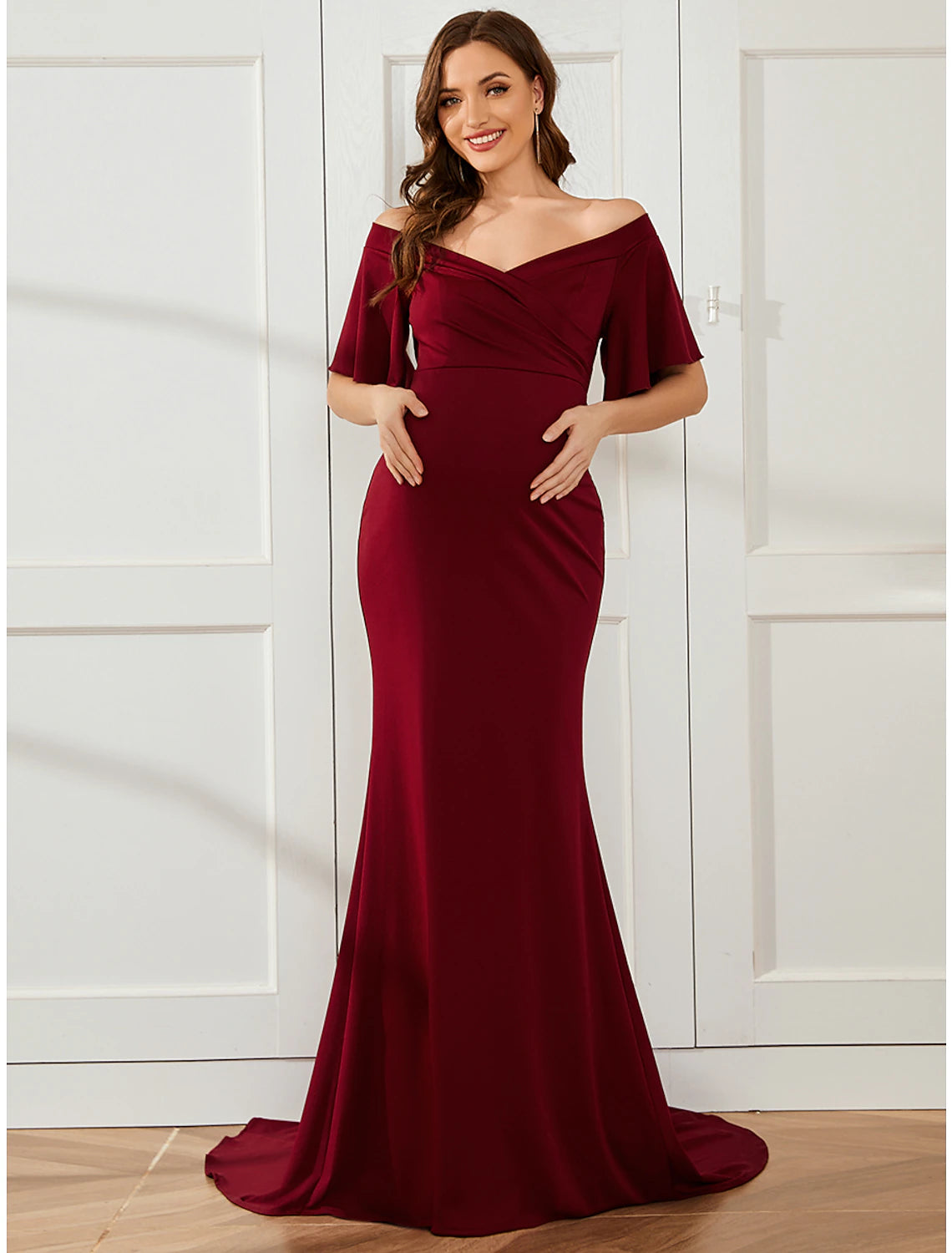 Mermaid / Trumpet Maternity Dresses Maternity Dress Formal Wedding Party Court Train Short Sleeve Off Shoulder Stretch Fabric with Ruched Pure Color