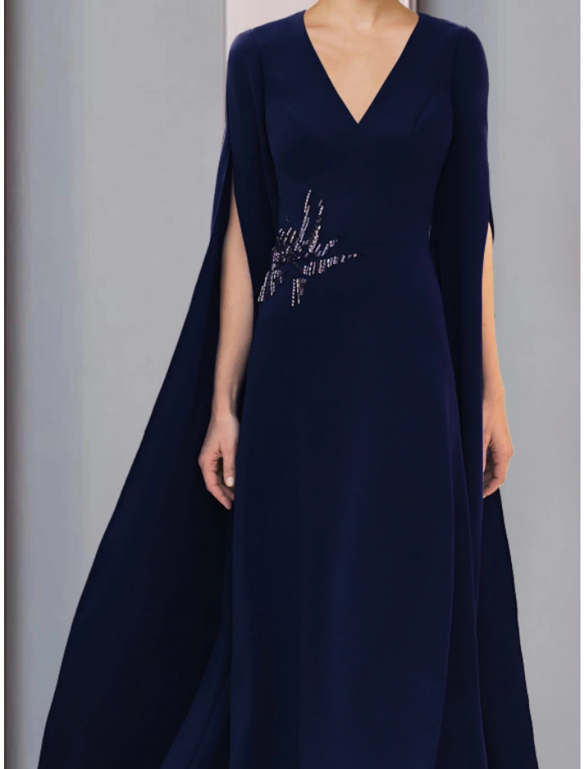 A-Line Mother of the Bride Dress Wedding Guest Elegant V Neck Ankle Length Stretch Chiffon Half Sleeve with Sequin Ruching Solid Color