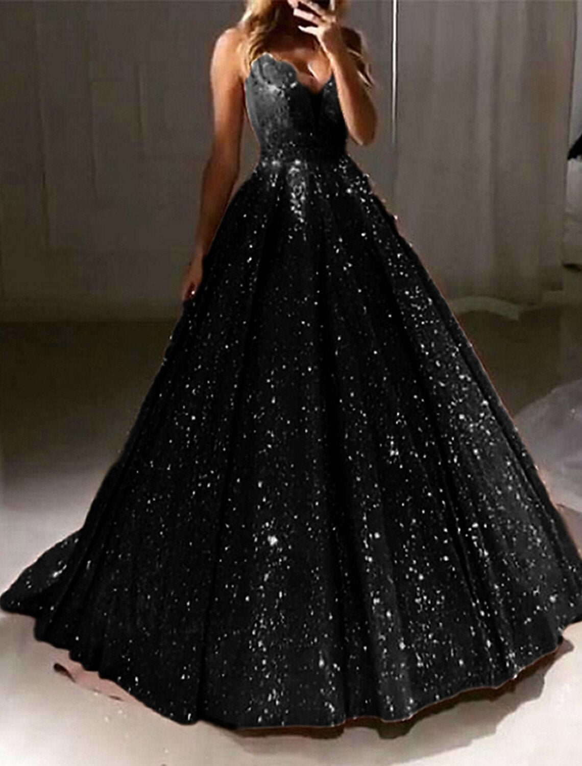 Ball Gown Glitter Prom Black Dress Luxurious Tulle Sparkly Dress For Wedding Party Quinceanera Sweep / Brush Train Sleeveless V Neck Tulle V Back with Sequin