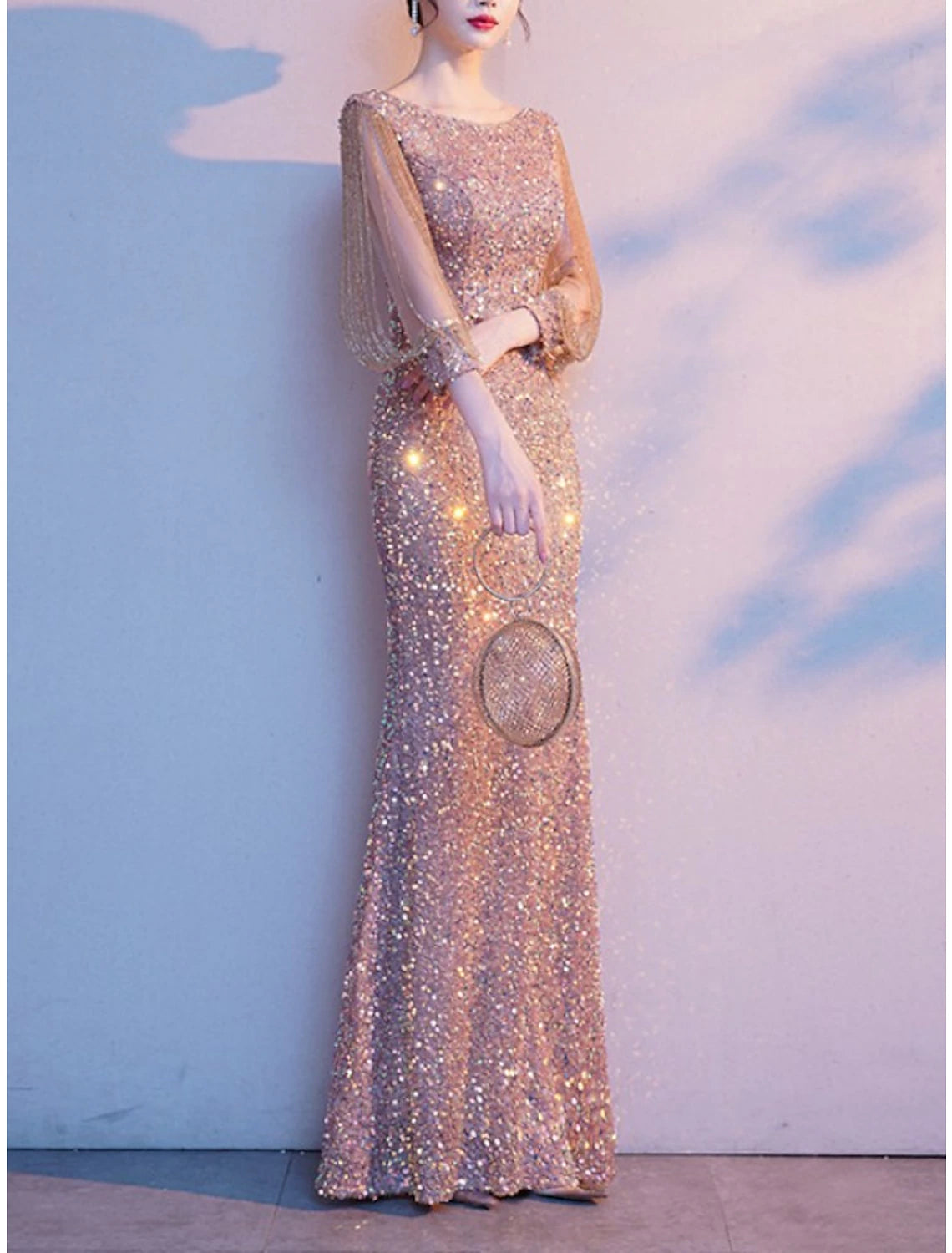 Mother of the Bride Dress Elegant Sparkle & Shine Petite Jewel Neck Floor Length Sequined 3/4 Length Sleeve with