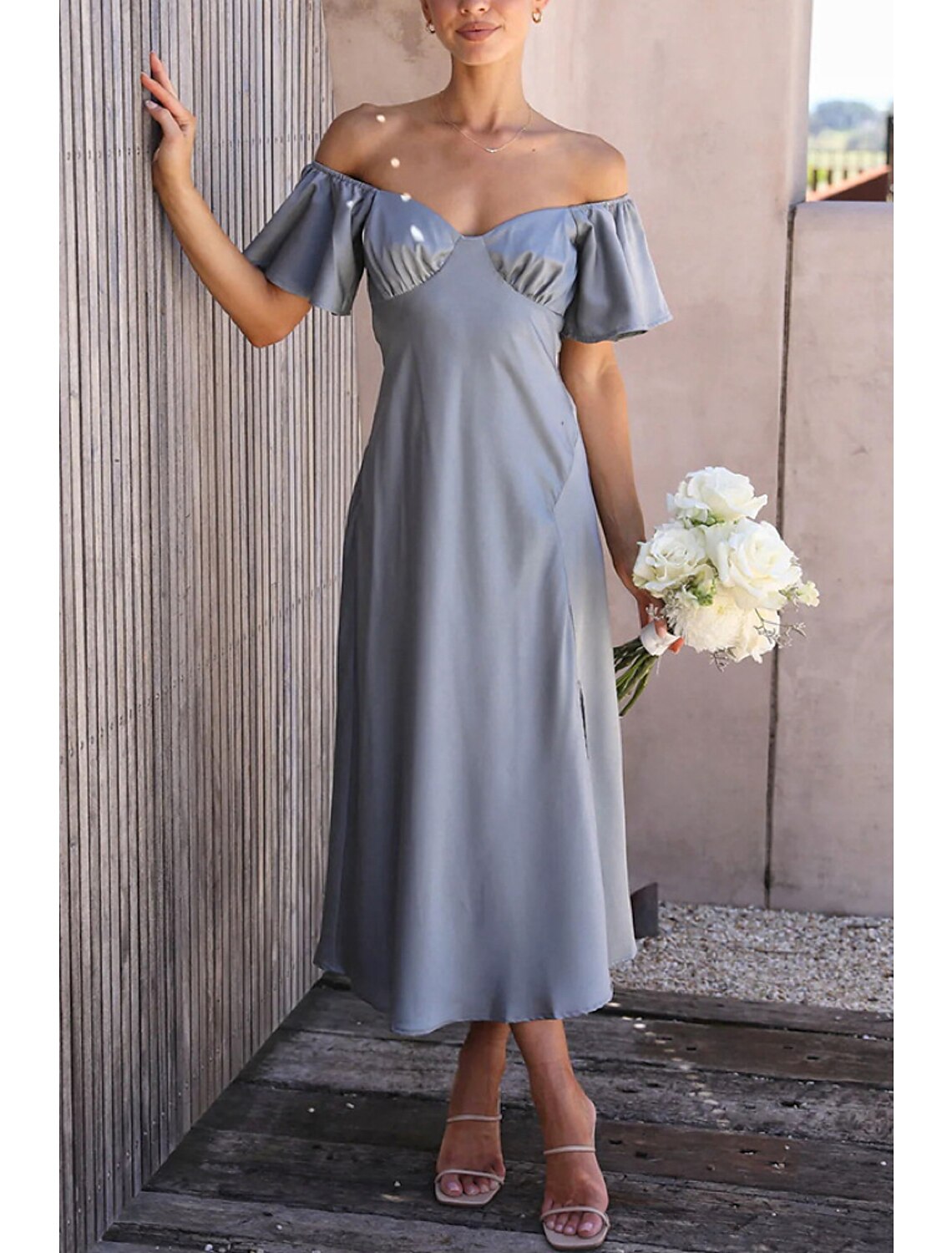 A-Line Wedding Guest Dresses Party Dress Wedding Birthday Ankle Length Short Sleeve Off Shoulder Satin with Ruffles Slit