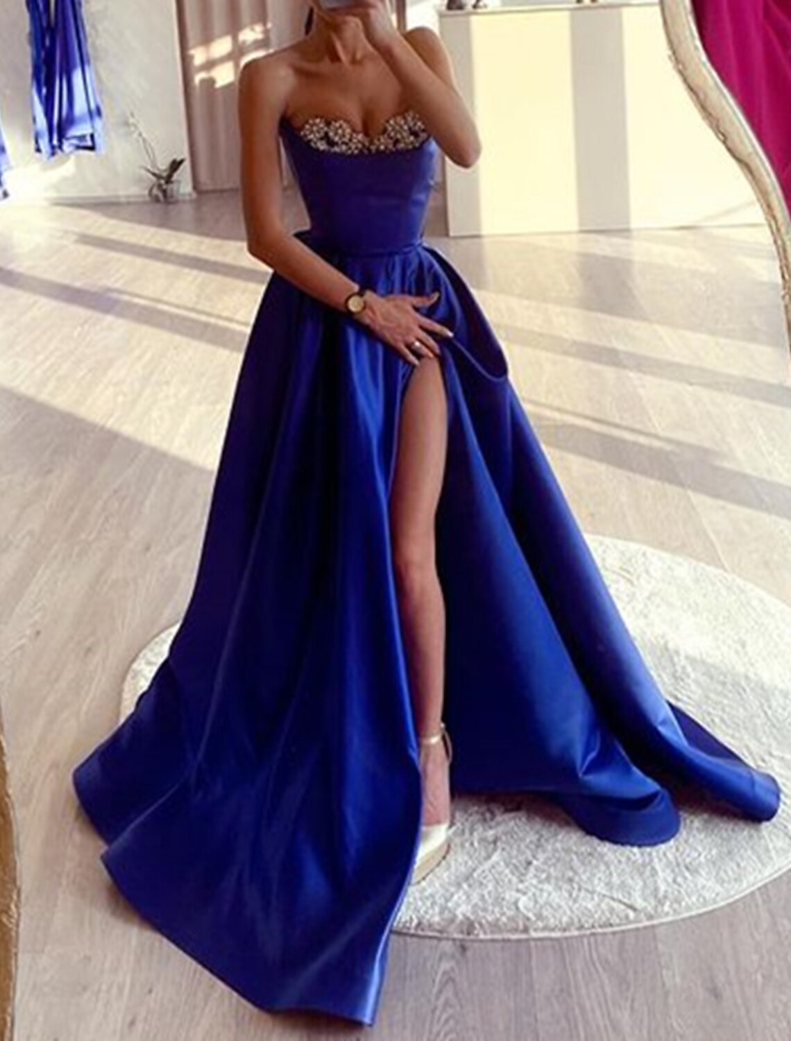 A-Line Evening Gown High Split Dress Wedding Prom Court Train Sleeveless Strapless Satin with Rhinestone Slit