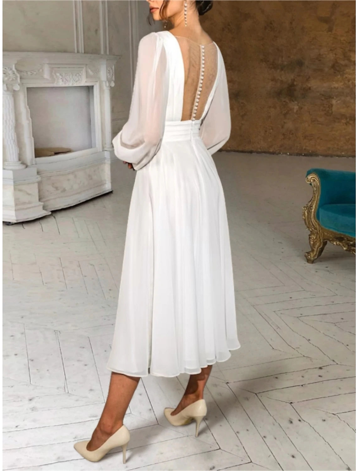 Casual Wedding Dresses Sheath / Column V Neck Long Sleeve Ankle Length Chiffon Bridal Gowns With Pleats Ruched