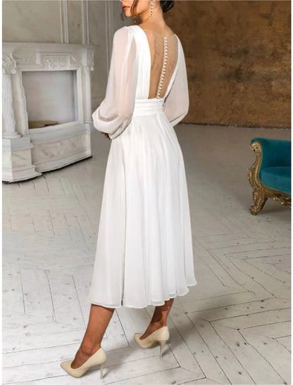 Casual Wedding Dresses Sheath / Column V Neck Long Sleeve Ankle Length Chiffon Bridal Gowns With Pleats Ruched