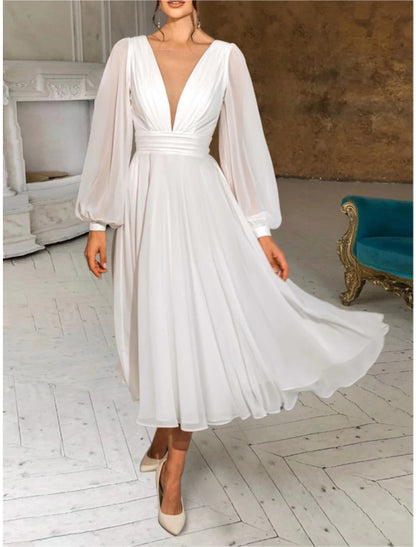 Casual Wedding Dresses Sheath / Column V Neck Long Sleeve Ankle Length Chiffon Bridal Gowns With Pleats Ruched