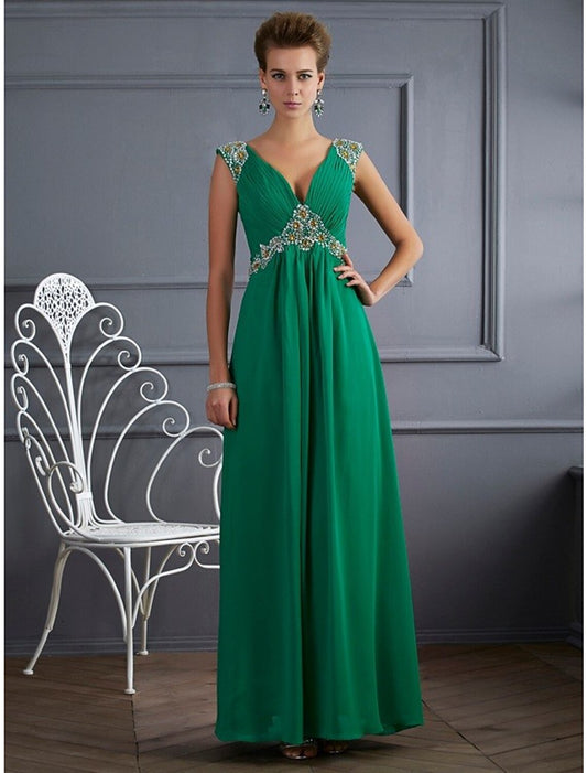 A-Line Evening Gown Sparkle & Shine Dress Formal Prom Floor Length Sleeveless V Neck Chiffon with Rhinestone Ruched