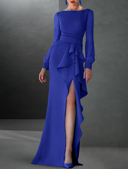 Elegant Dress Formal Fall Sweep / Brush Train Long Sleeve Jewel Neck Stretch Chiffon with Ruffles Slit Evening Dress