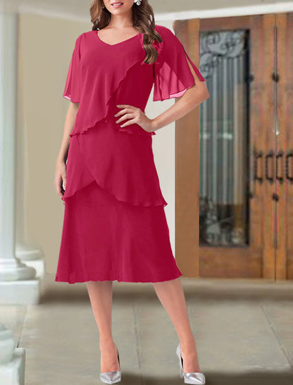 A-Line Mother of the Bride Dress Wedding Guest Plus Size Elegant V Neck Tea Length Chiffon Short Sleeve with Ruffles Fall