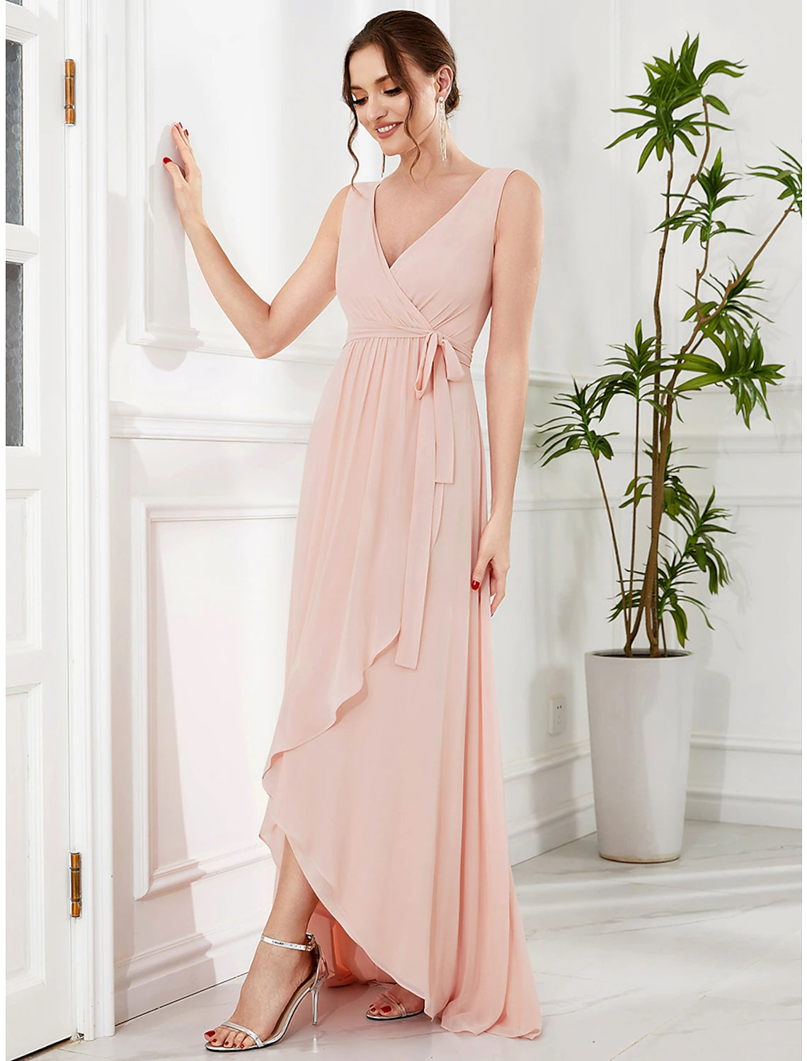 A-Line Wedding Guest Dresses Elegant Dress Party Wear Wedding Party Asymmetrical Sleeveless V Neck Bridesmaid Dress Chiffon with Ruffles Strappy