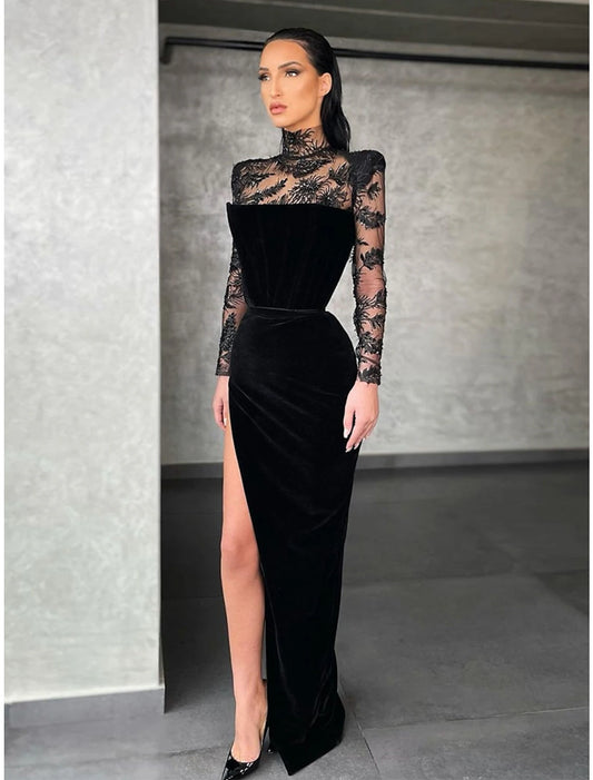 Sheath / Column Evening Gown Elegant Dress Formal Black Dress Plus Size Floor Length Long Sleeve High Neck Lace with Slit