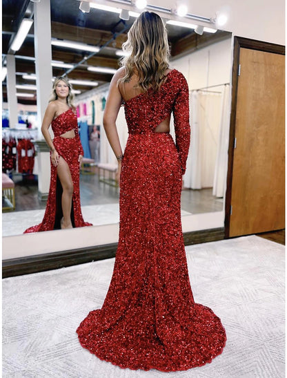 Mermaid / Trumpet Prom Dresses Sparkle & Shine Dress Formal Court Train Long Sleeve One Shoulder Sequined Backless with Sequin SlitShipping.