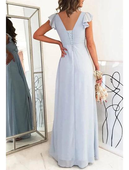 Women‘s V Neck Chiffon Bridesmaid Dresses Long with Slit Ruffled Sleeve Empire Waist Formal Dress with Pockets