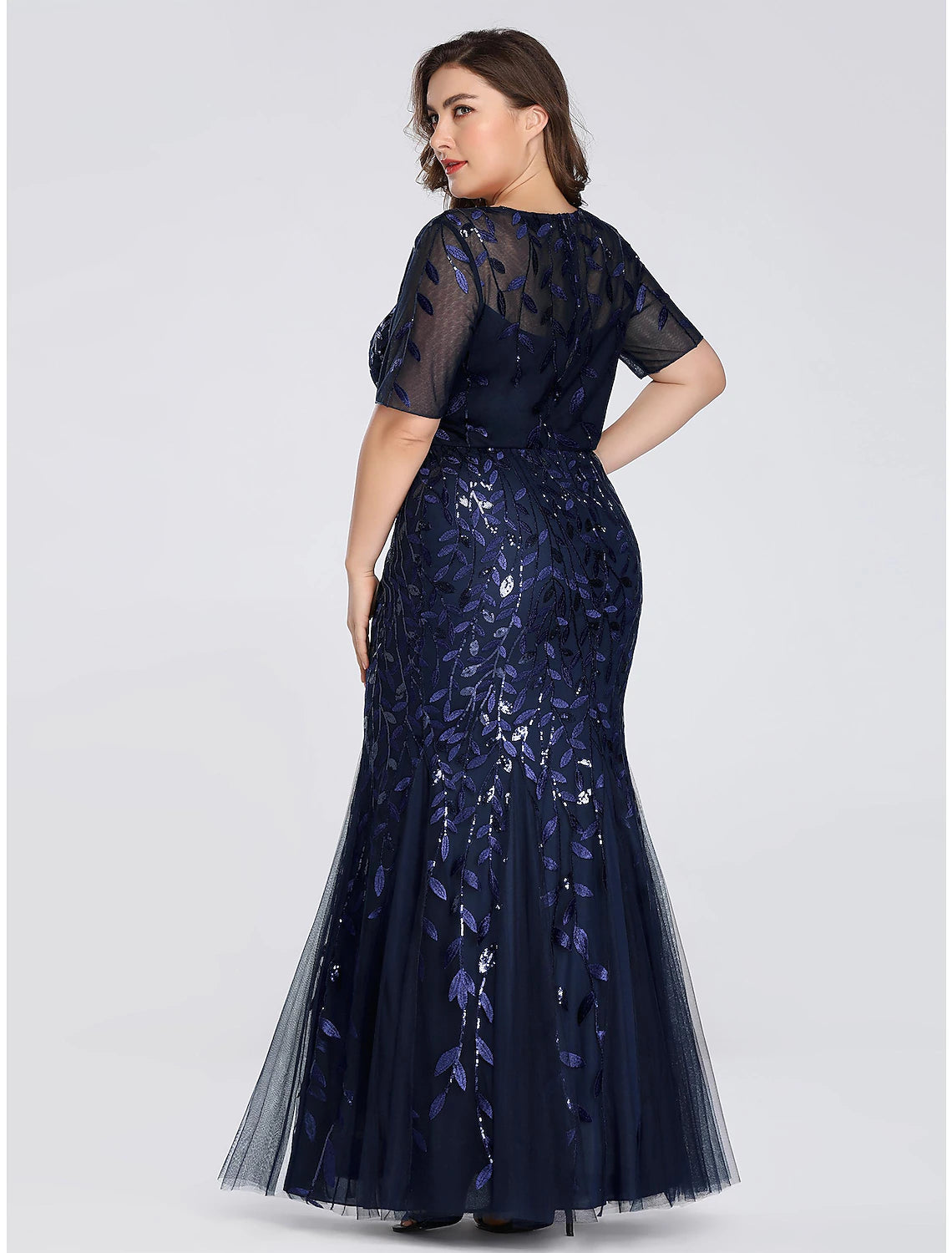 Mermaid / Trumpet Evening Gown Plus Size Dress Formal Evening Floor Length Short Sleeve Jewel Neck Fall Wedding Guest Tulle Ladder Back with Sequin Appliques