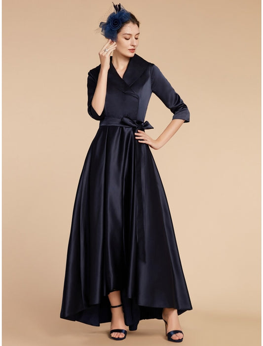 A-Line Mother of the Bride Dress Wedding Guest Elegant V Neck Ankle Length Satin Half Sleeve with Sash / Ribbon Ruching Solid Color