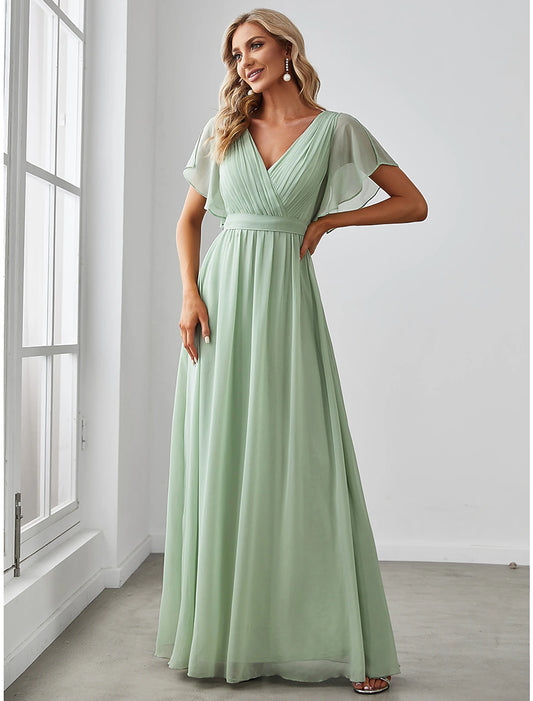 A-Line Bridesmaid Dress V Neck Short Sleeve Elegant Stretch Chiffon with Ruffles / Solid Color