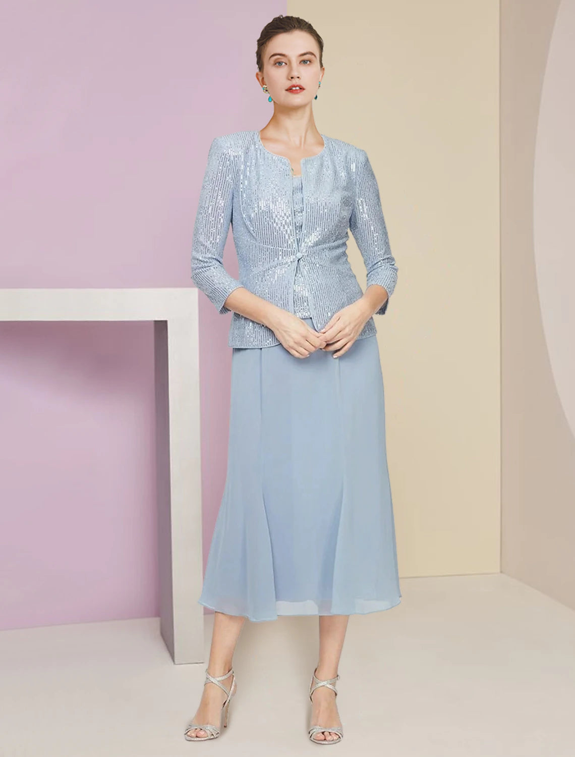 A-Line Mother of the Bride Dress Wedding Guest Sparkle & Shine Petite Scoop Neck Tea Length Chiffon Sequined 3/4 Length Sleeve with Pleats Sequin Solid Color