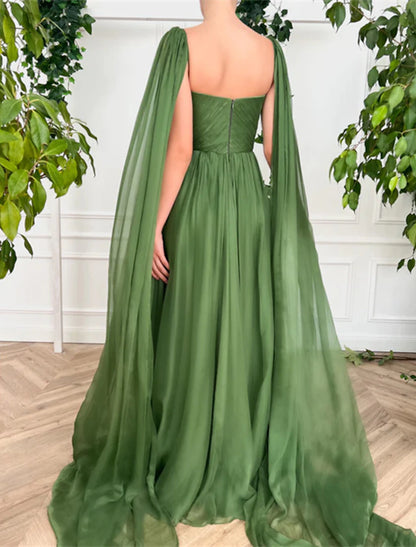 A-Line Evening Gown Maxi Dress Wedding Party Court Train Sleeveless V Neck Fall Wedding Guest Chiffon with Ruched