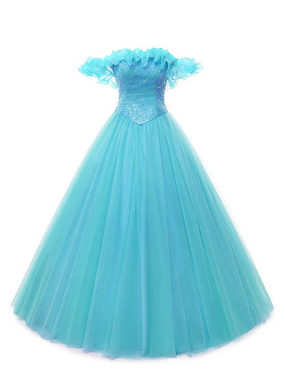 Ball Gown Prom Dresses Puffy Dress Quinceanera Floor Length Sleeveless Off Shoulder Tulle with Pearls Sequin