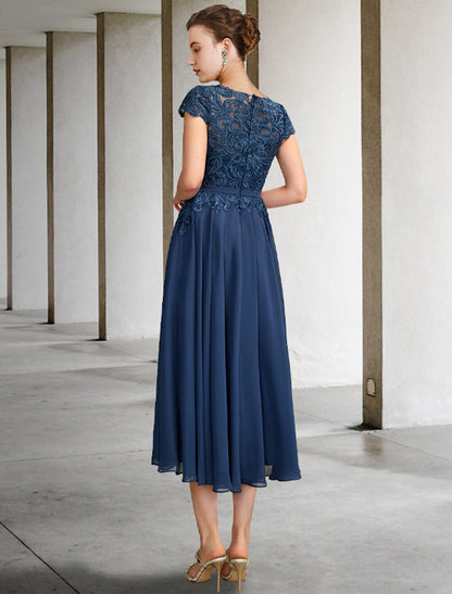 A-Line Mother of the Bride Dress Luxurious Elegant Jewel Neck Tea Length Chiffon Lace Cap Sleeve with Pleats Appliques A-Line Mother of the Bride Dress Luxurious Elegant Jewel Neck Tea Length Chiffon Lace Cap Sleeve with Pleats Appliques