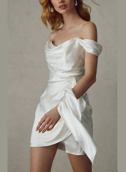 Wedding Dresses Sheath Off-The-Shoulder Short Mini Silk Like Satin