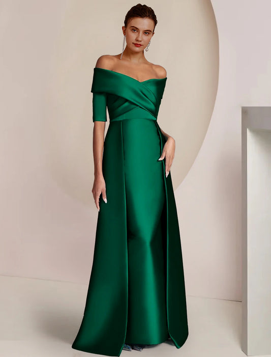 Sheath / Column Mother of the Bride Dress Formal Wedding Guest Party Elegant Off Shoulder Floor Length Satin Half Sleeve with Ruching