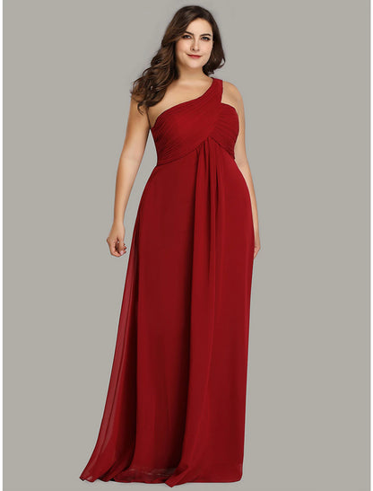 A-Line Evening Gown Empire Dress Formal Evening Floor Length Sleeveless One Shoulder Bridesmaid Dress Chiffon Backless with Pleats Draping