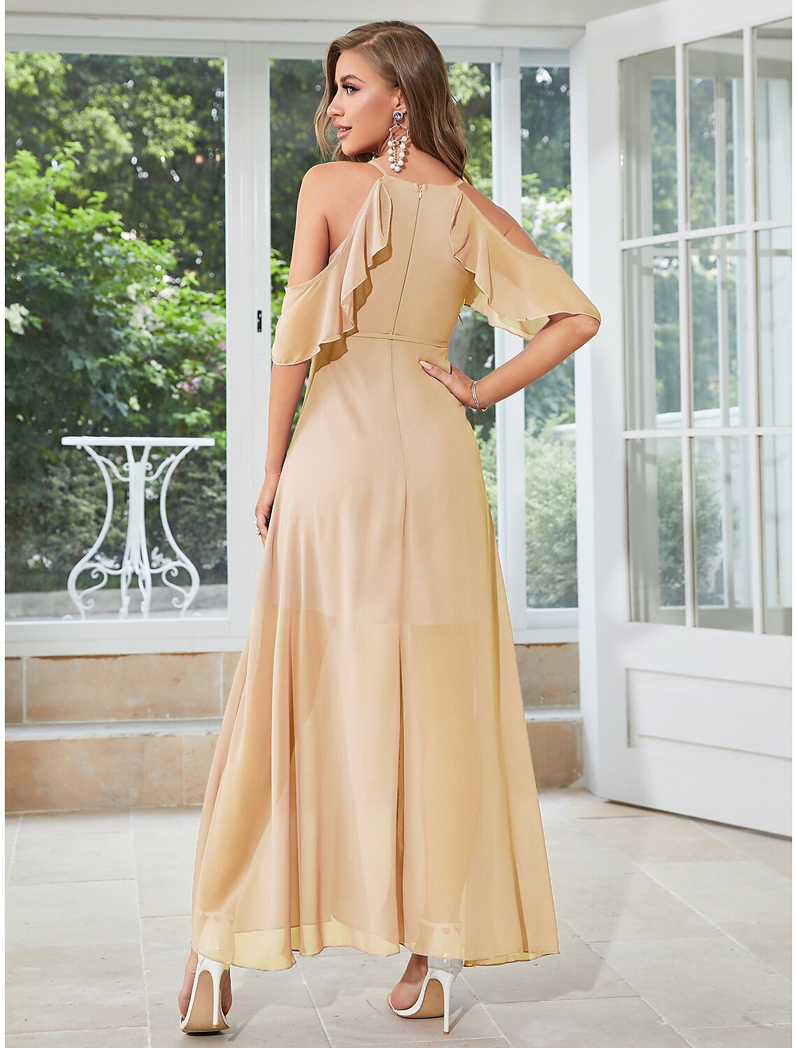 A-Line Wedding Guest Dresses Elegant Dress Party Wear Wedding Party Ankle Length Sleeveless V Neck Chiffon with Ruffles Slit Strappy