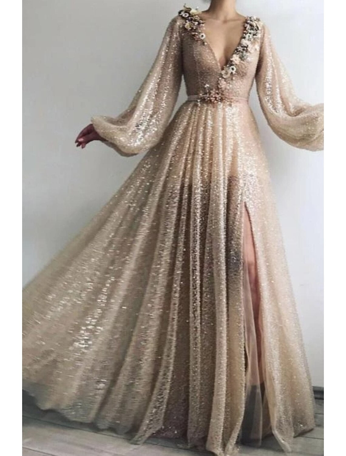 A-Line Evening Gown Sparkle Dress Wedding Guest Prom Floor Length Long Sleeve V Neck Sequined with Sequin Appliques Split Front