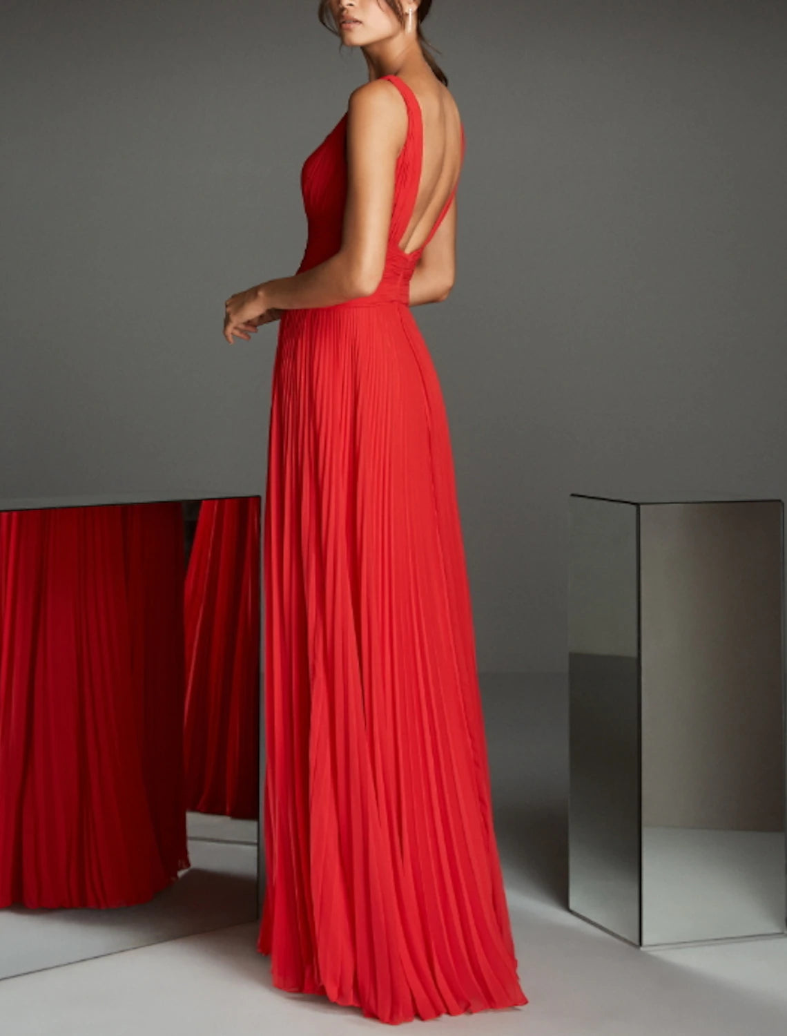 A-Line Empire Engagement Formal Evening Dress V Neck Sleeveless Floor Length Chiffon with Pleats