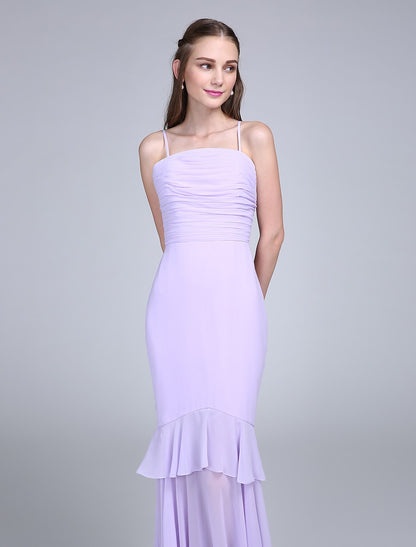 Fit & Flare Bridesmaid Dress Spaghetti Strap Sleeveless Elegant Floor Length Chiffon with Ruched