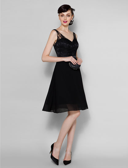 A-Line V Neck Knee Length Chiffon / Sheer Lace Bridesmaid Dress with Lace