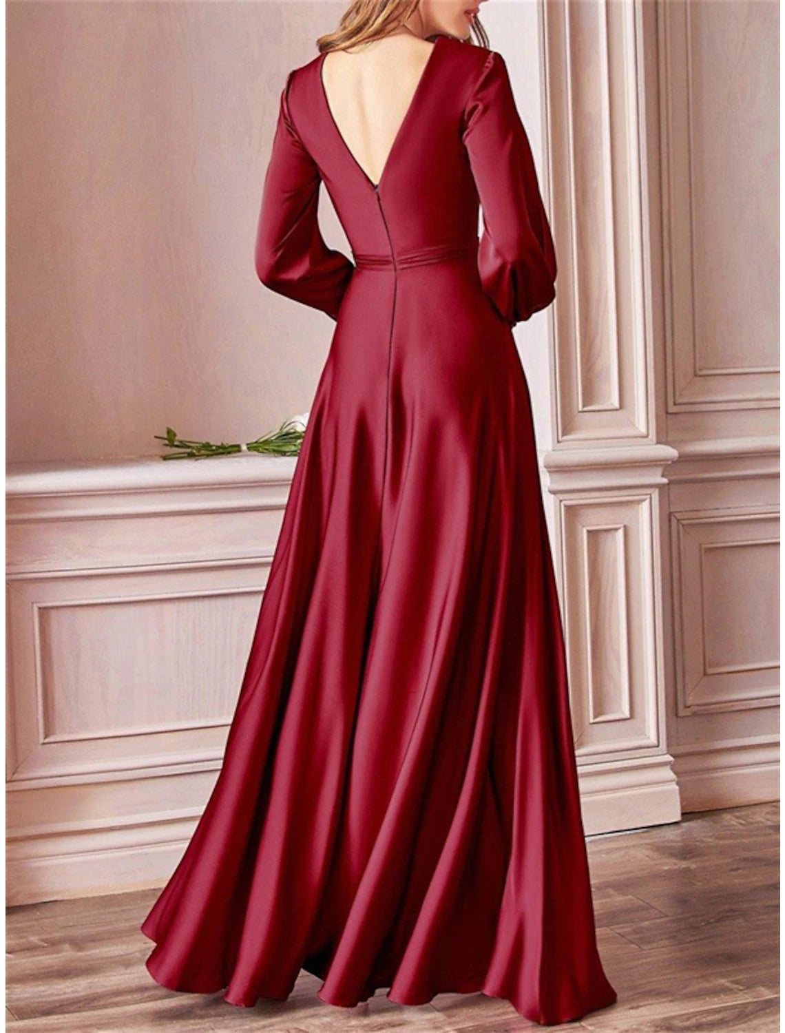 A-Line Bridesmaid Dress V Neck Long Sleeve Blue Floor Length Chiffon with Split Front / Ruching