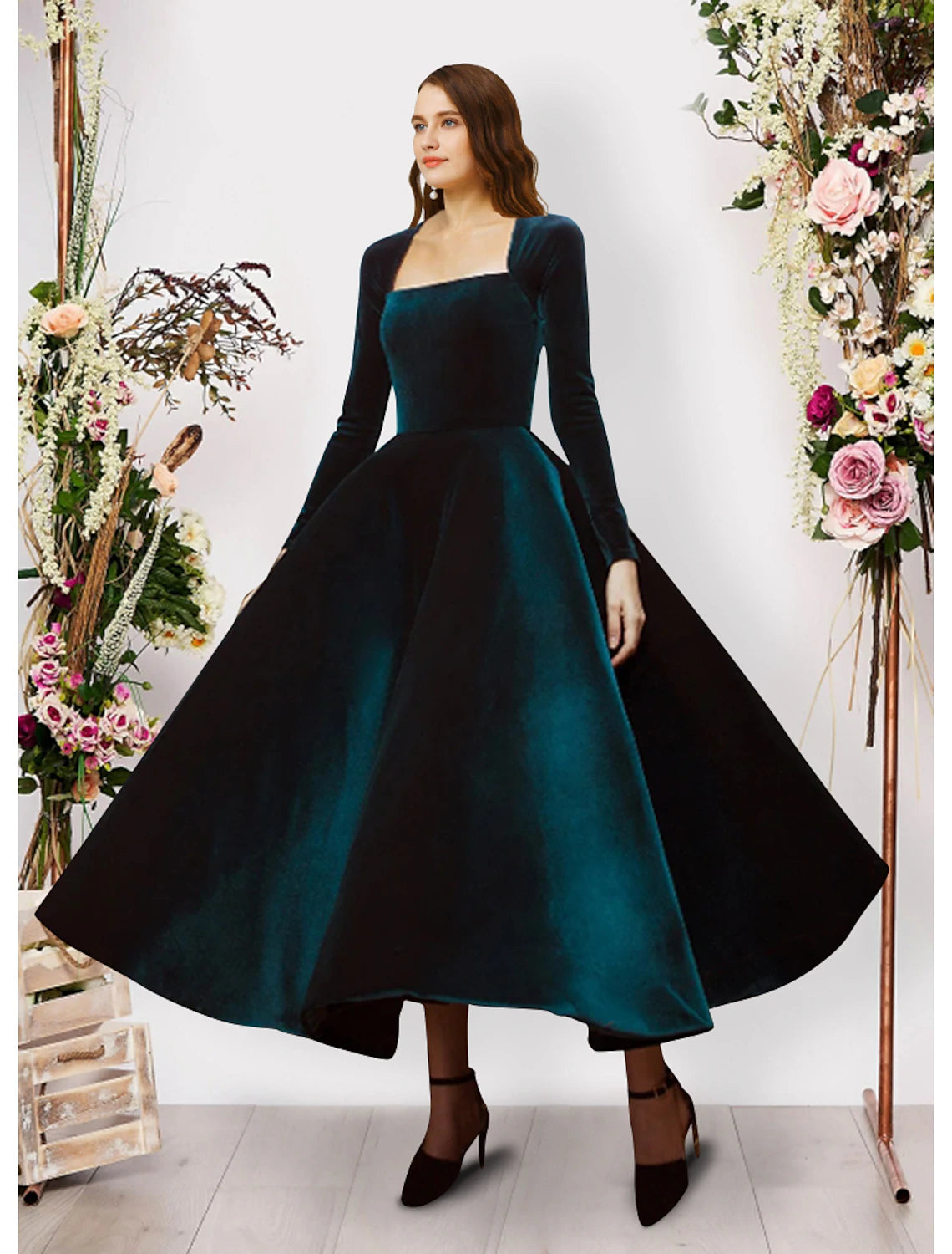 Ball Gown Evening Gown Vintage Dress Prom Formal Evening Ankle Length Long Sleeve Square Neck Velvet with Pure Color