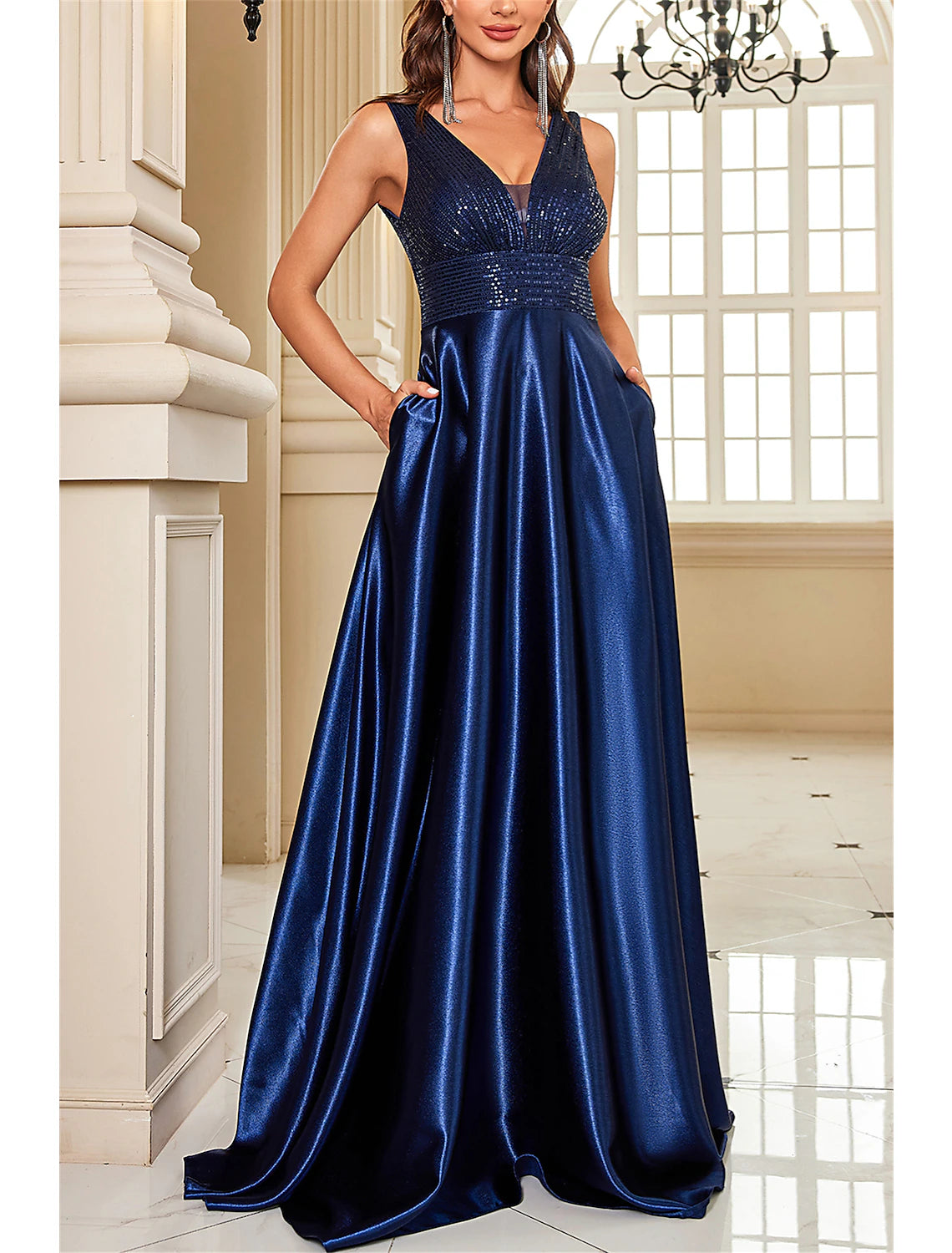 A-Line Mother of the Bride Dress Wedding Guest Party Sparkle & Shine Elegant V Neck Floor Length Satin Sequined Sleeveless with Sequin Color Block