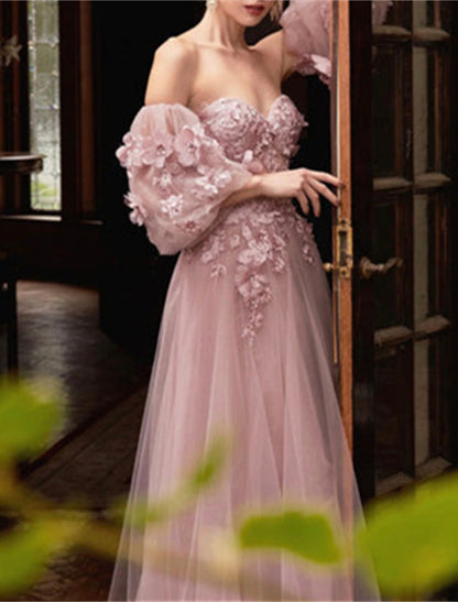 A-Line Prom Dresses Corsets Dress Formal Evening Party Court Train Long Sleeve Strapless Tulle with Appliques