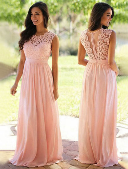 A-Line Bridesmaid Dress Jewel Neck Sleeveless Elegant Floor Length Chiffon / Lace with Sash / Ribbon / Pleats