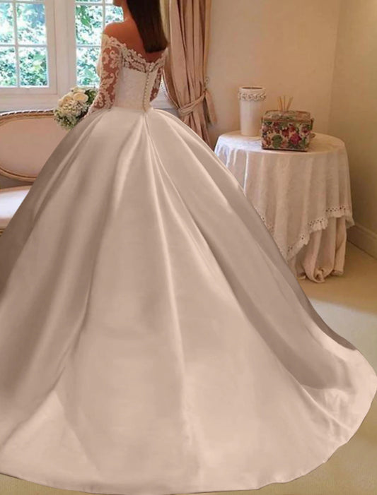 Engagement Formal Fall Wedding Dresses Ball Gown Off Shoulder Long Sleeve Chapel Train Satin Bridal Gowns With Appliques Solid Color