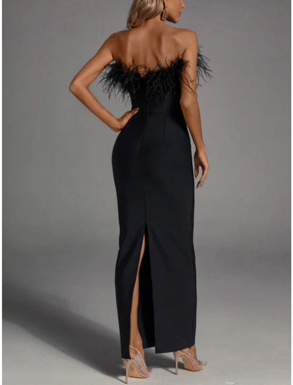 Black Sheath / Column Evening Gown Elegant Dress Formal Fall Ankle Length Sleeveless Strapless Stretch Fabric with Feather Slit