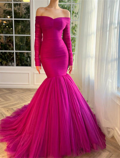 Mermaid Christmas Red Green Dress Evening Gown Elegant Dress Wedding Guest Wedding Party Court Train Long Sleeve Off Shoulder Tulle with Ruched