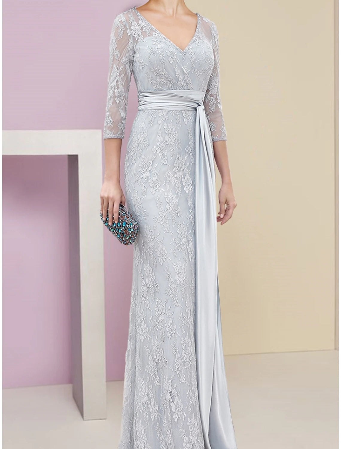 A-Line Mother of the Bride Dress Wedding Guest Elegant V Neck Floor Length Chiffon Lace 3/4 Length Sleeve with Ruching Solid Color